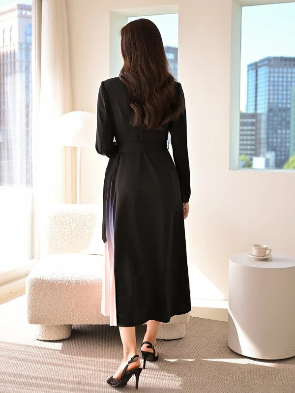 CM-DS181110 Women Elegant Seoul Style Colorblock Lapel Collar Pleated Hem Belted Dress