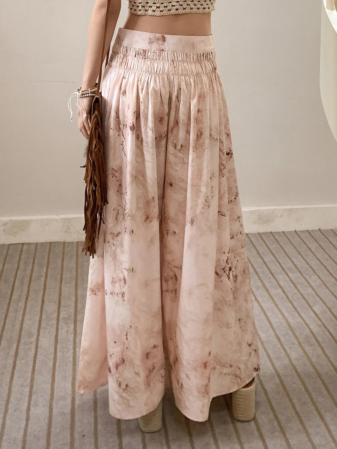 CM-BS827796 Women Trendy Seoul Style Marble Print Shirred Waist Wide Leg Pants