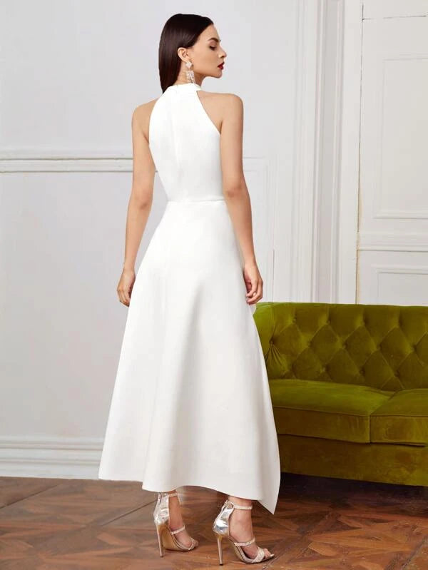 CM-JS202946 Women Elegant Seoul Style Zipper Back Solid Halter Jumpsuit With Skirt