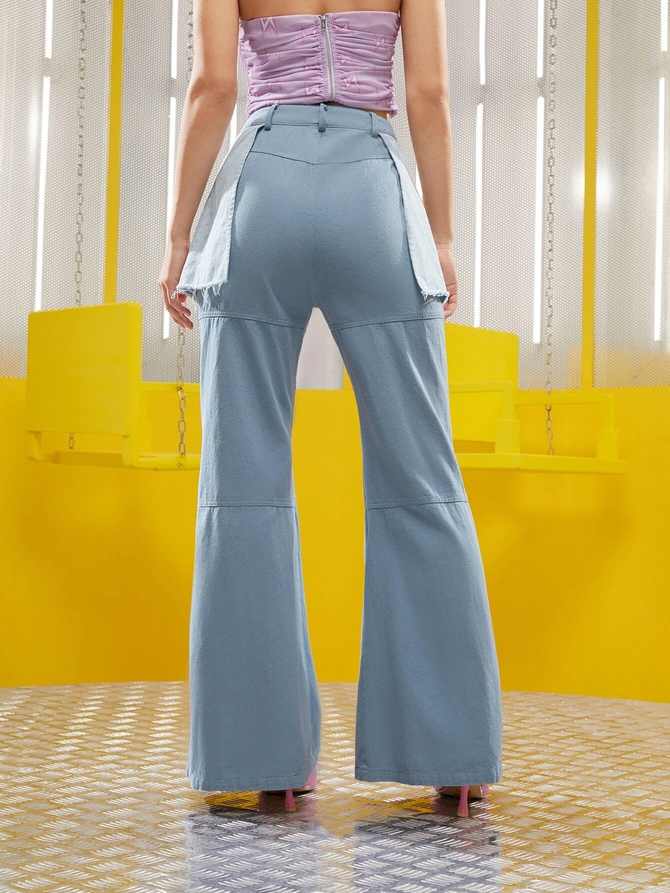 CM-BS691769 Women Elegant Seoul Style Frayed Trim Rag Stitching Flare Leg Pants - Dusty Blue