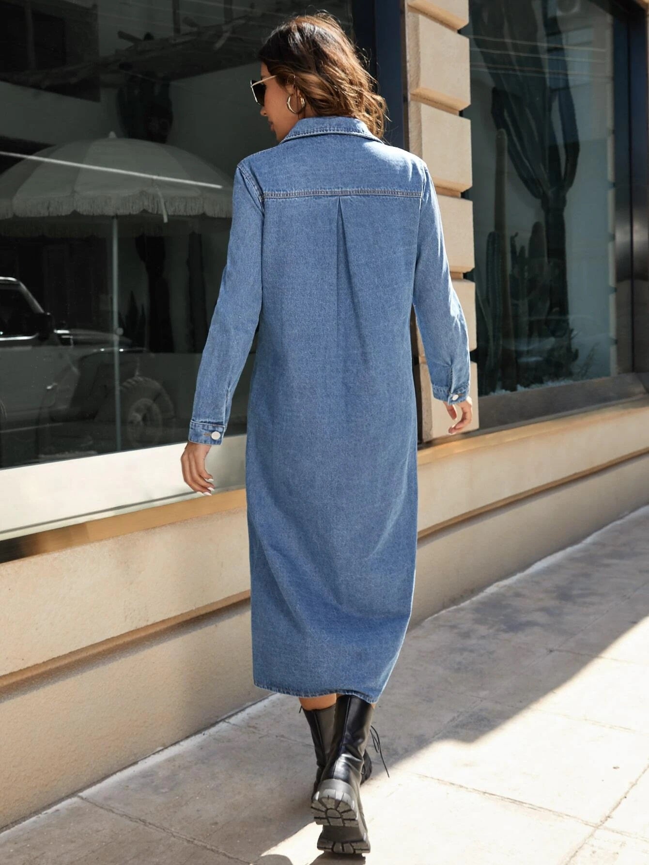 CM-DS444448 Women Preppy Seoul Style Medium Wash Patch Pocket High Low Hem Denim Dress