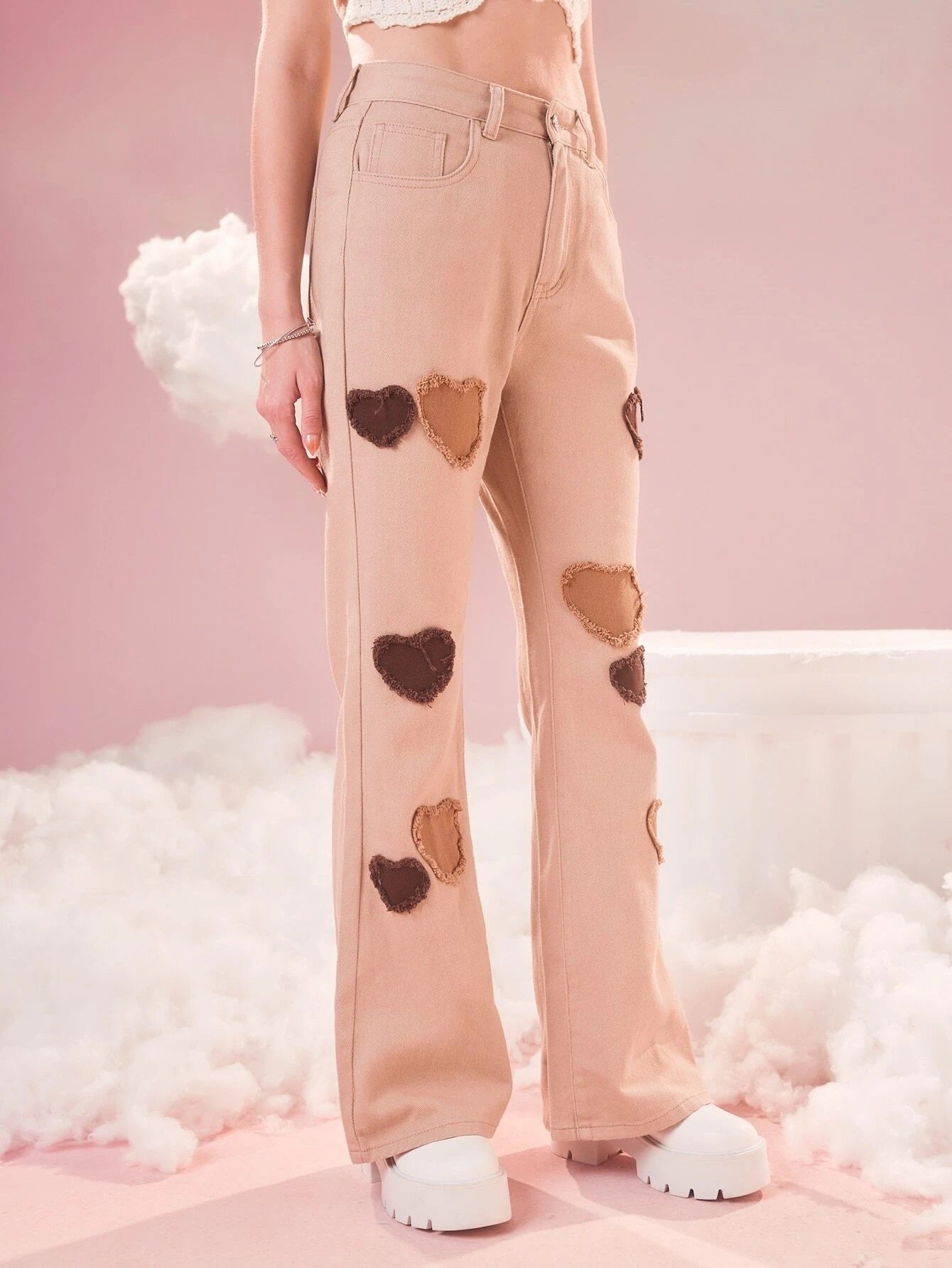CM-BS173513 Women Preppy Seoul Style Heart Pattern Flare Leg Jeans - Apricot