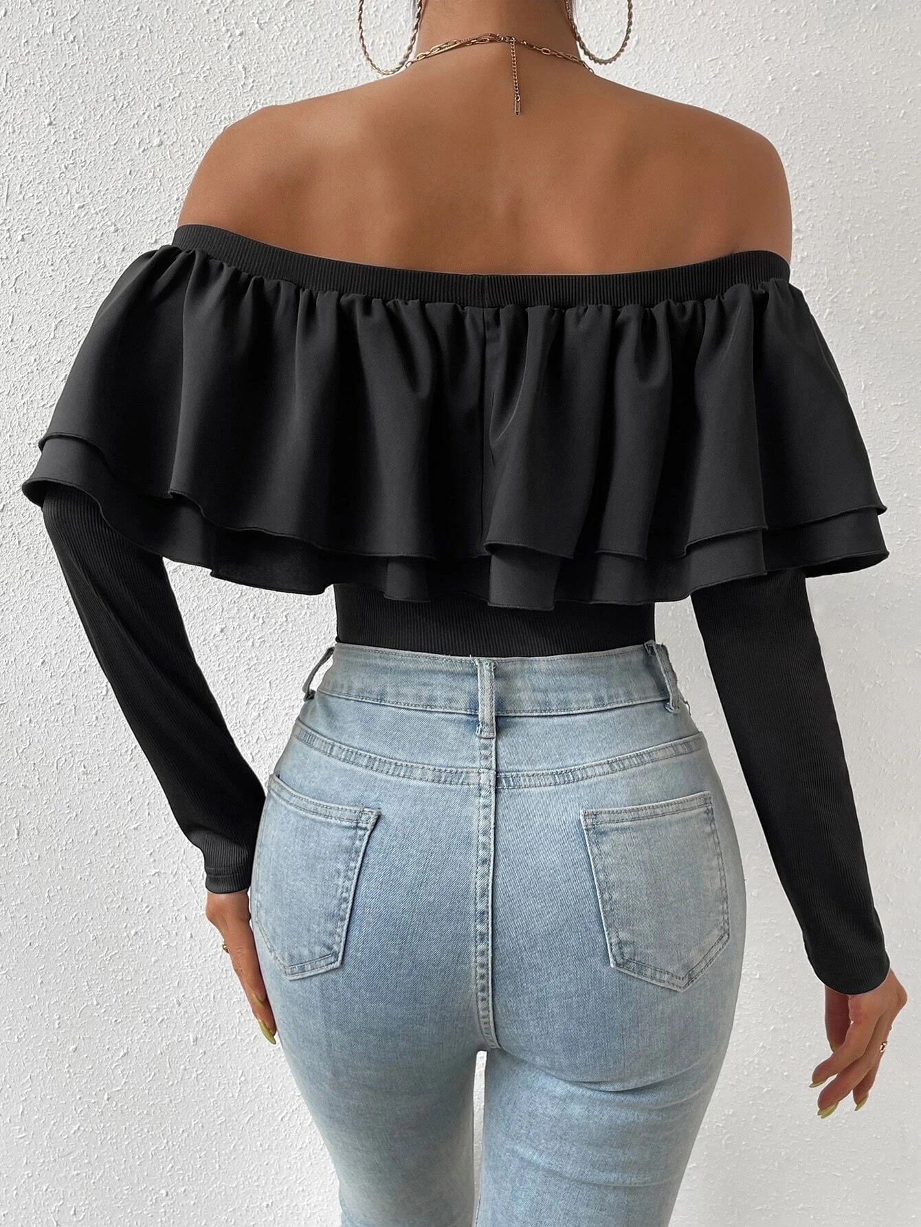 CM-TS645965 Women Casual Seoul Style Off Shoulder Exaggerated Ruffle Bodysuit