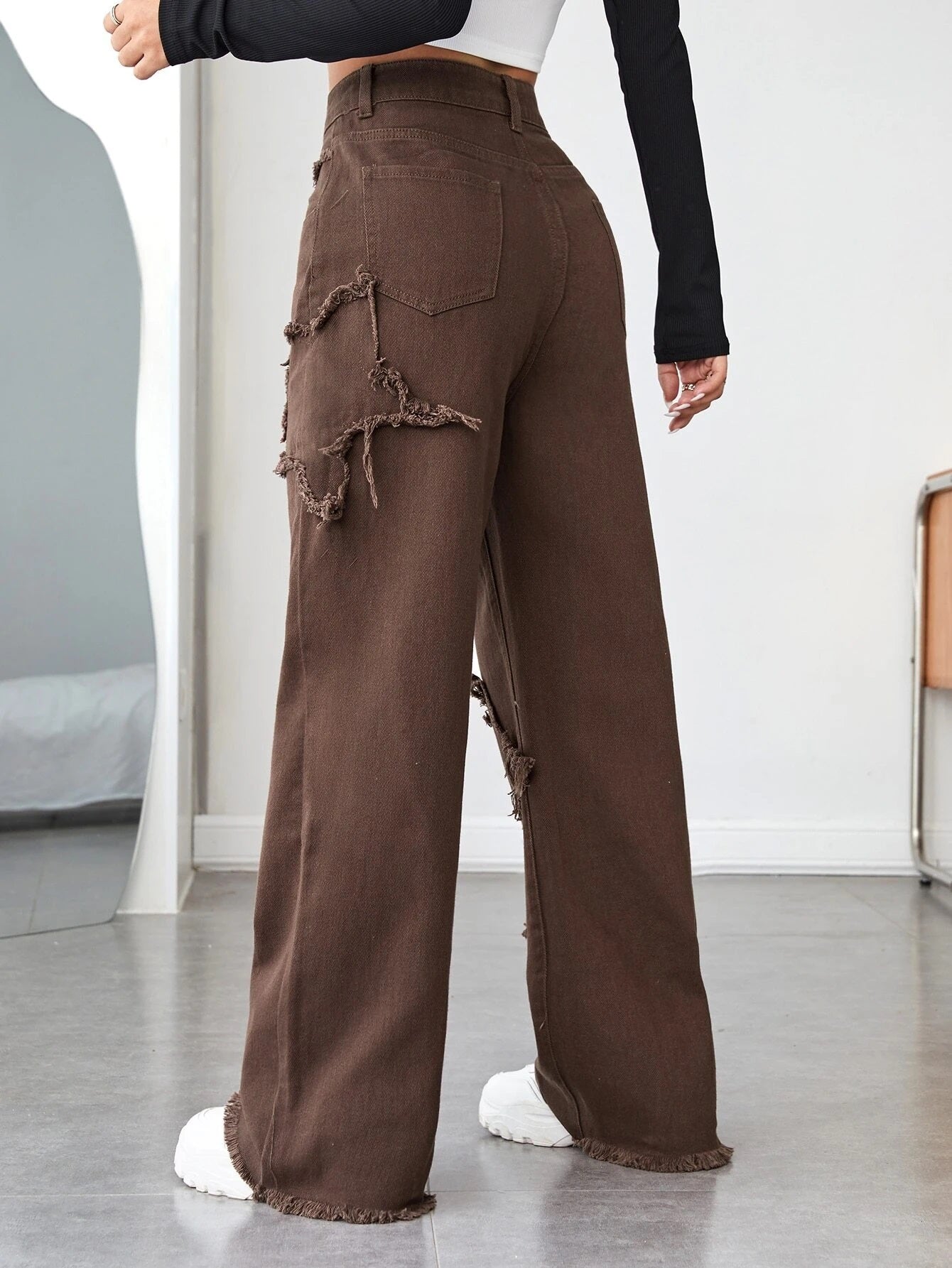 CM-BS571791 Women Casual Seoul Style High Waist Raw Trim Wide Leg Jeans - Coffee Brown