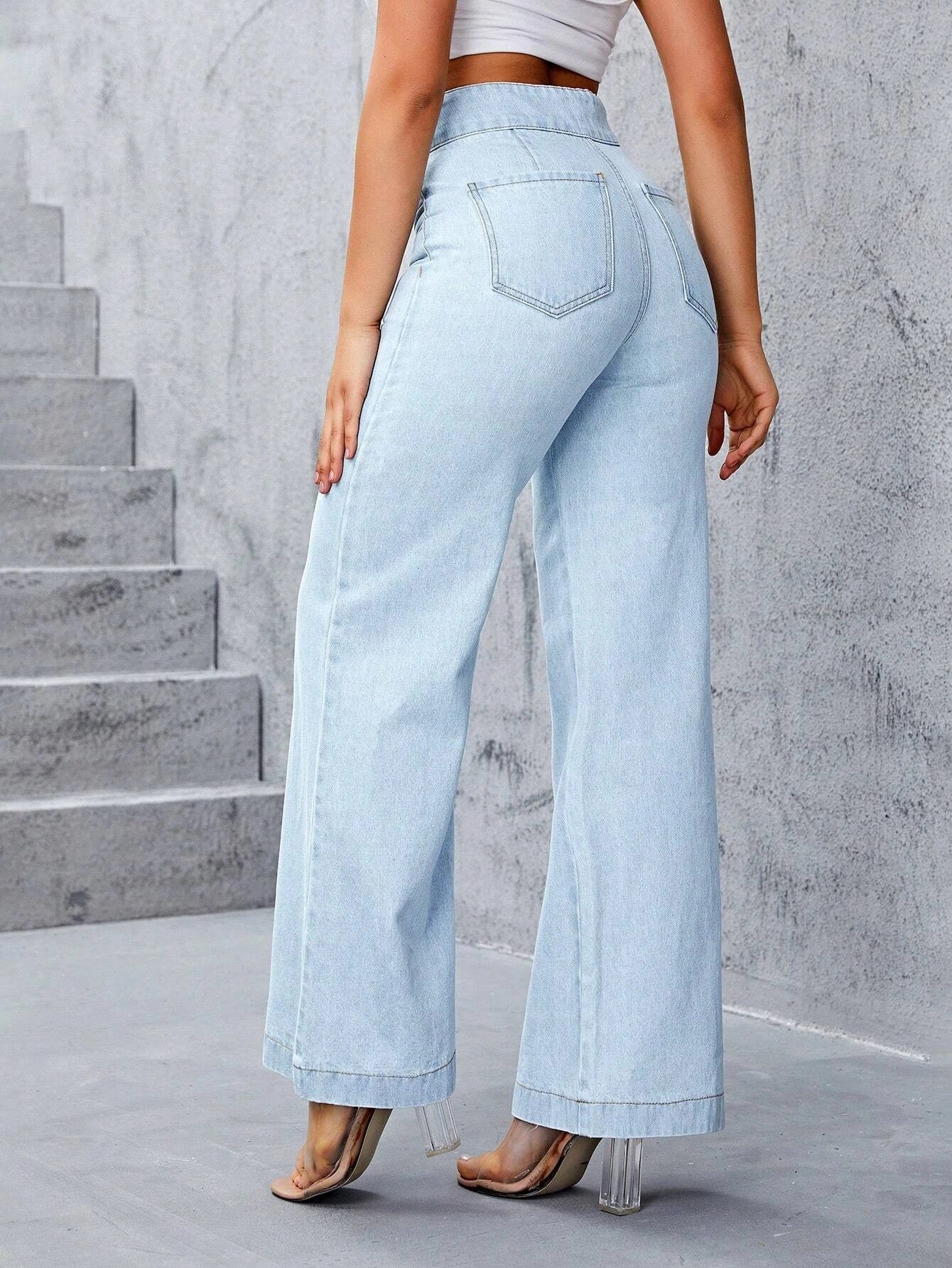 CM-BS791499 Women Preppy Seoul Style Light Wash High Waist Wide Leg Jeans