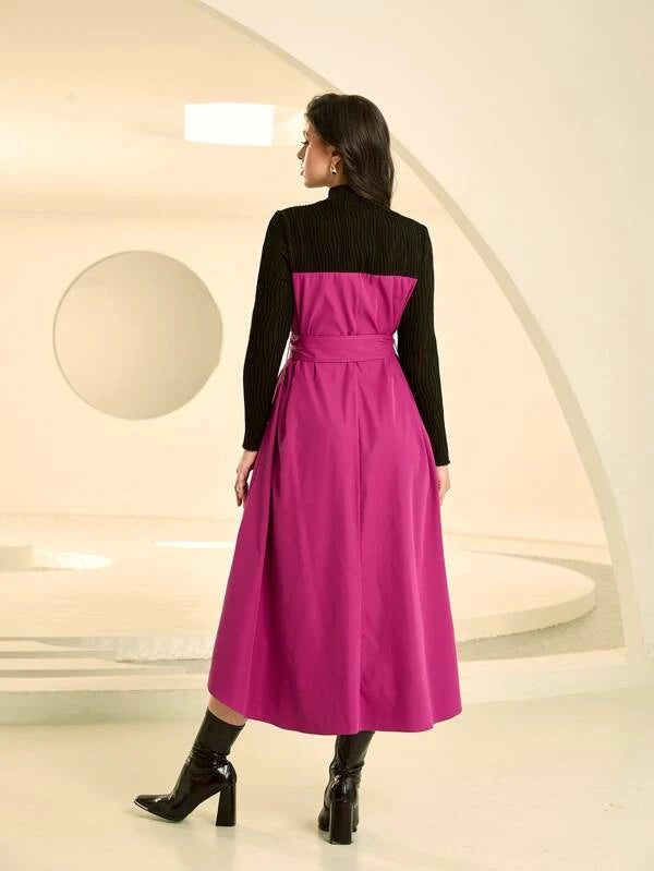 CM-DS301477 Women Casual Seoul Style Color Block High Low Hem Belted Dress