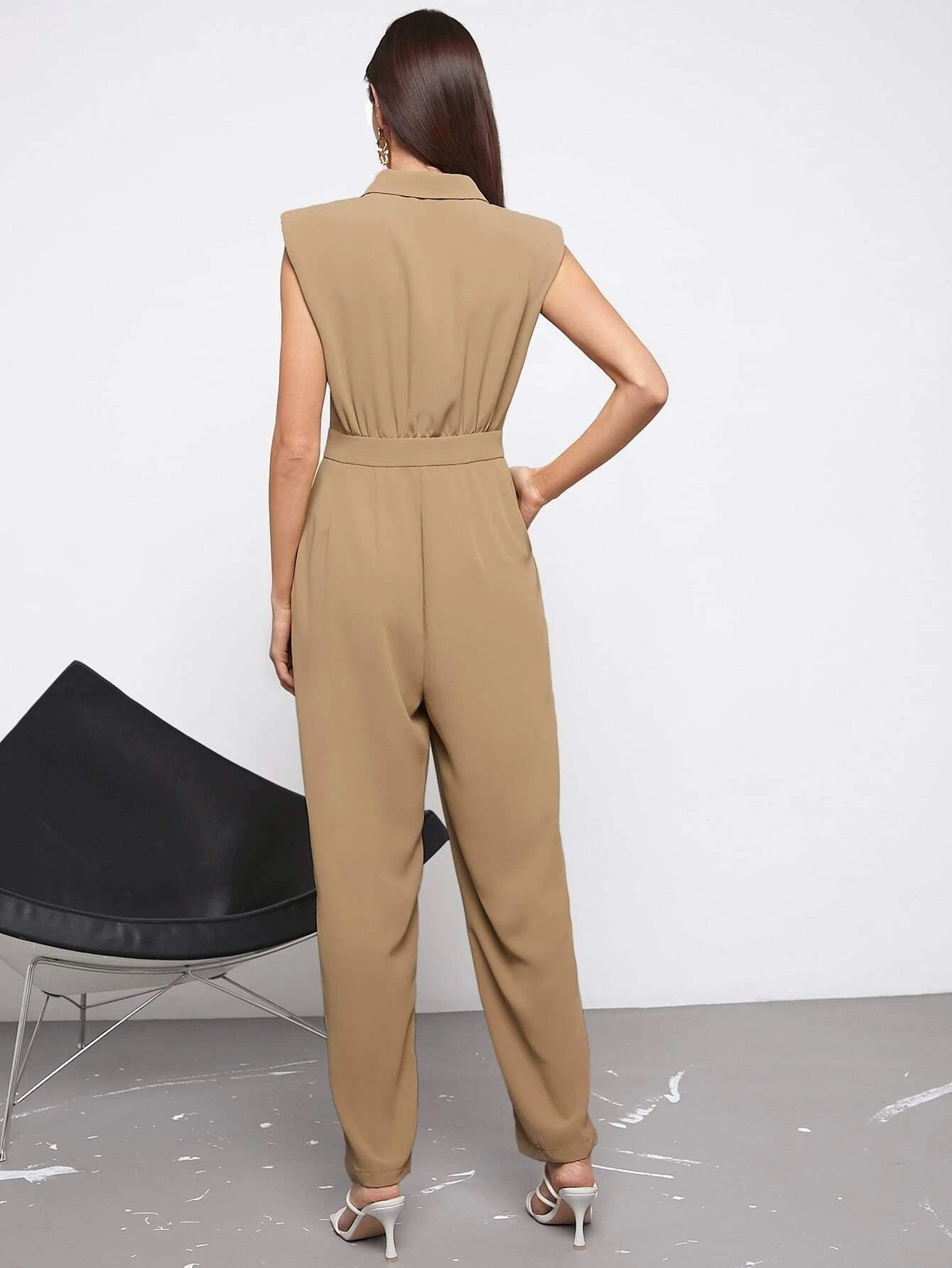 CM-JS611690 Women Elegant Seoul Style Solid Button Front Shoulder Pad Sleeveless Jumpsuit