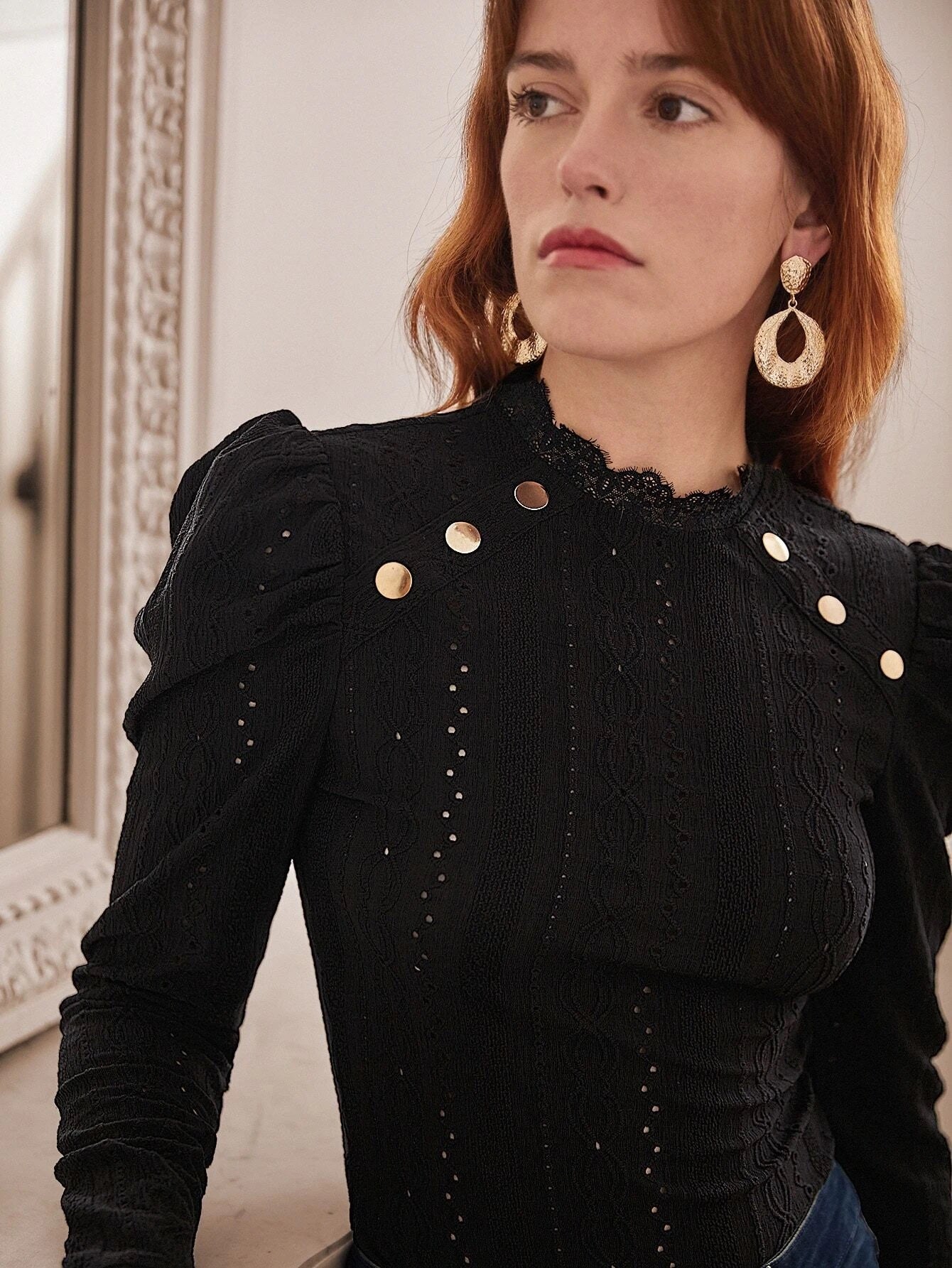 CM-TS108896 Women Elegant Seoul Style Button Detail Gigot Sleeve Eyelet Embroidery Bodysuit