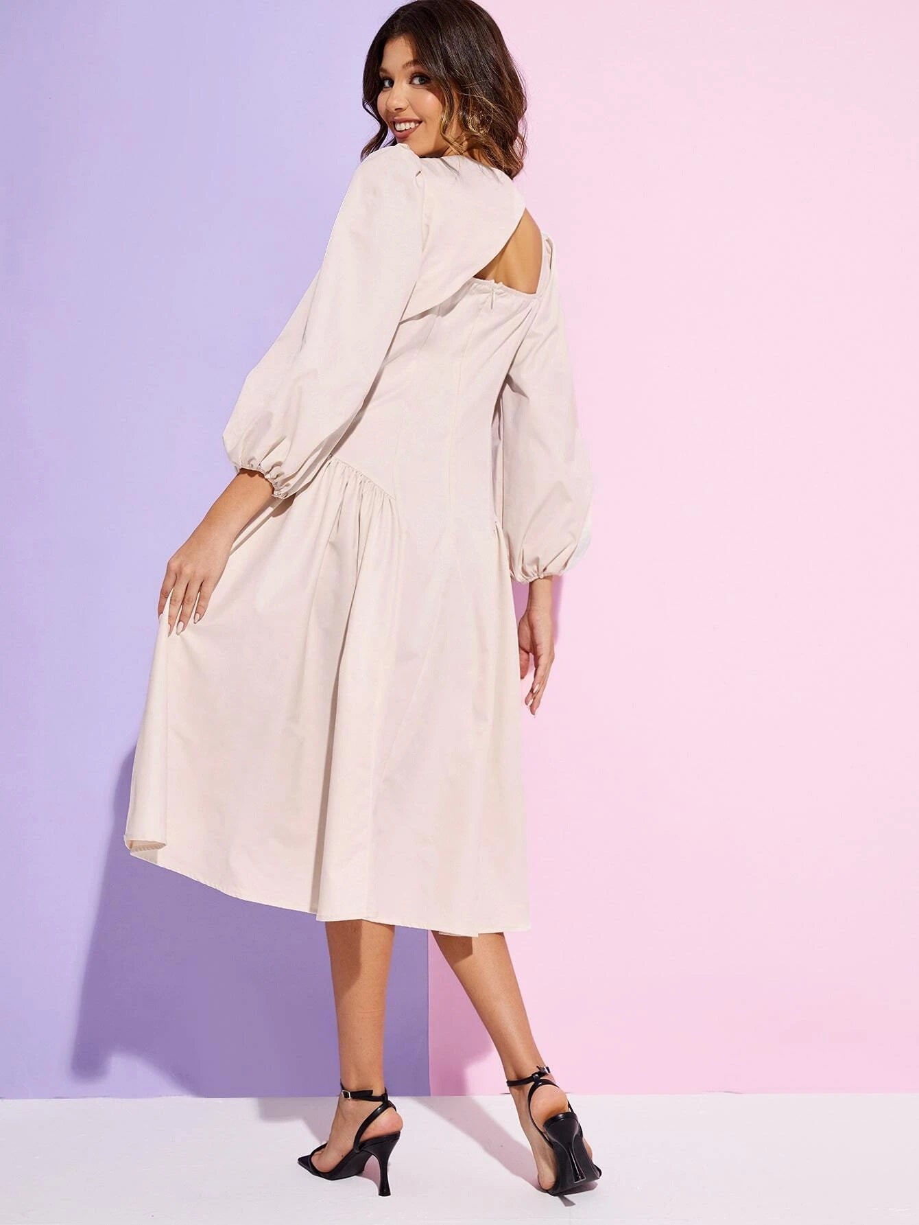 CM-DS214721 Women Casual Seoul Style Asymmetrical Neck Bishop Sleeve Flared Hem Dress
