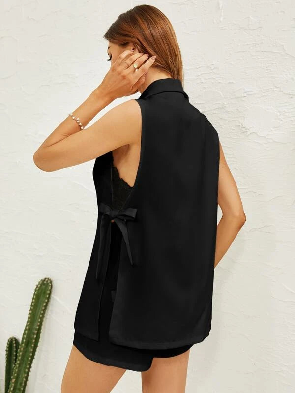 CM-SS700953 Women Casual Seoul Style Single Button Vest Blazer With Paper Bag Waist Shorts - Set