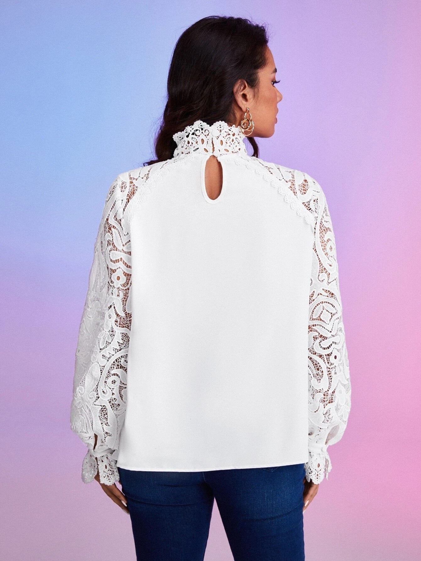 CM-TS971073 Women Elegant Seoul Style Contrast Lace Flounce Sleeve Pleated Detail Blouse
