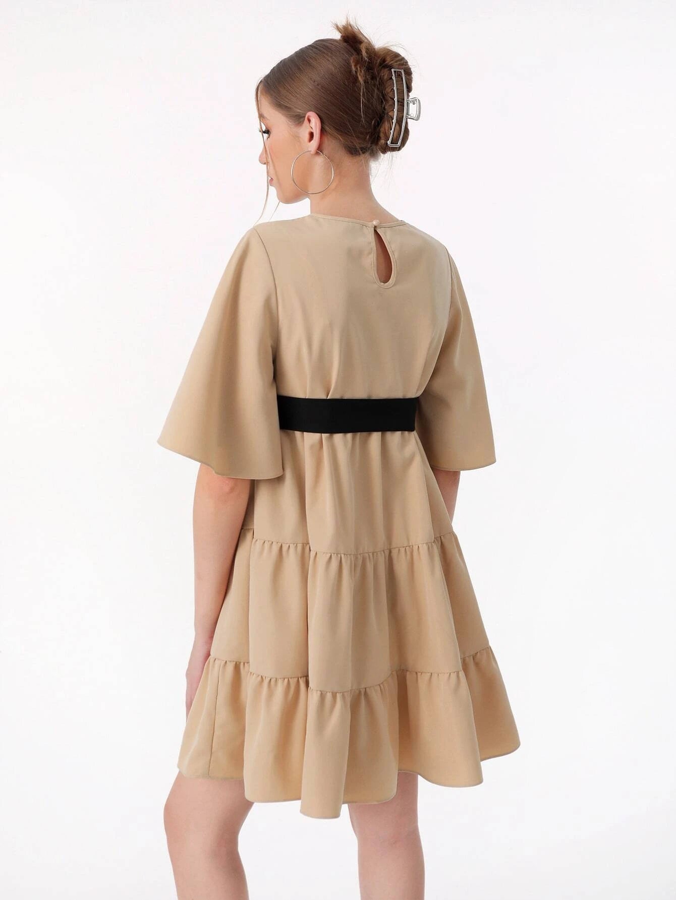 CM-DS558859 Women Elegant Seoul Style Cut Out Butterfly Sleeve Ruffle Hem Belted Dress