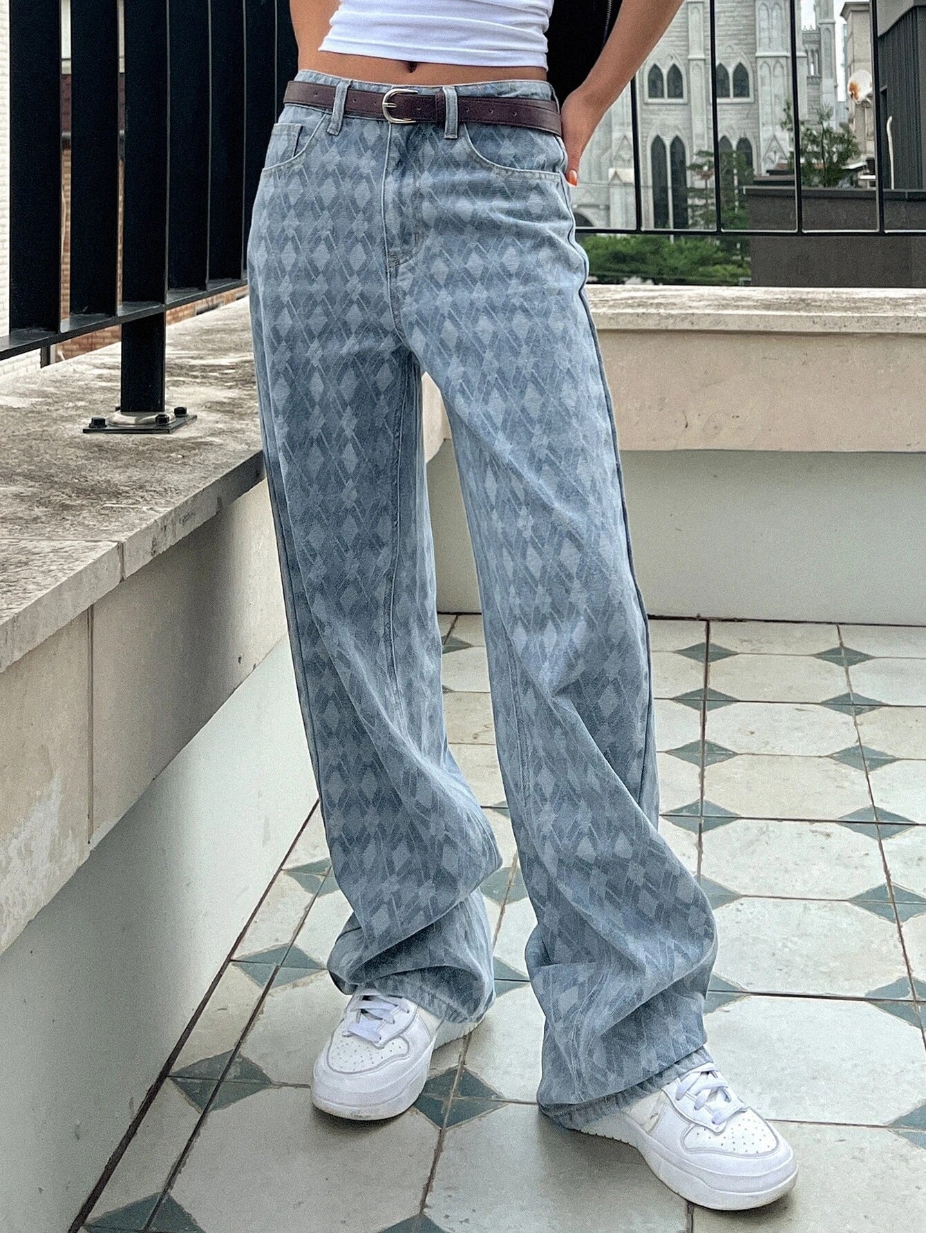 CM-BS232339 Women Preppy Seoul Style Light Wash Argyle Pattern Wide Leg Jeans