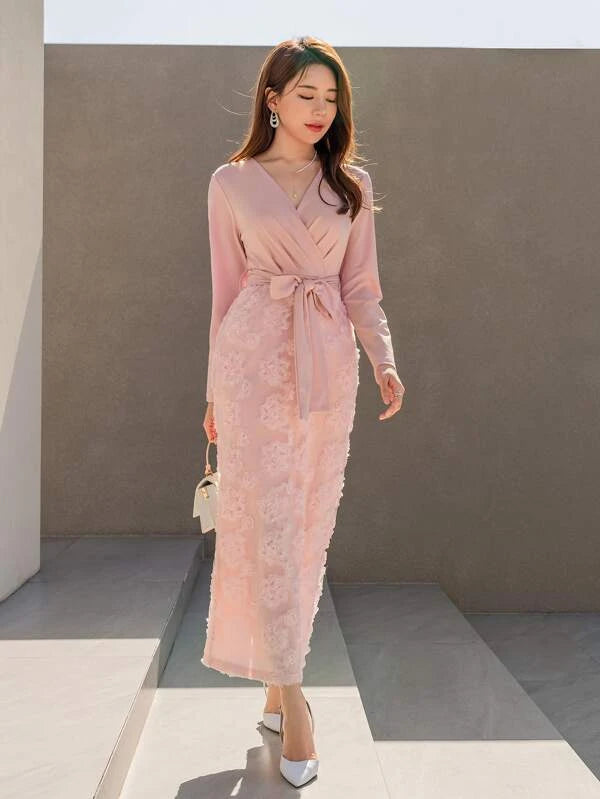 CM-DS788218 Women Elegant Seoul Style Floral Jacquard Split Back Belted Dress - Pink