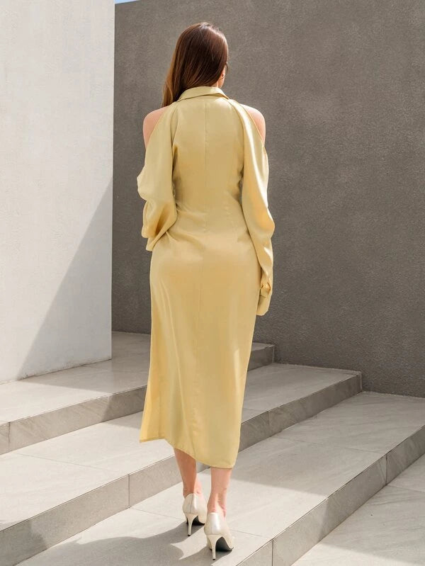 CM-DS954544 Women Elegant Seoul Style Cold Shoulder Twist Front Split Thigh Dress