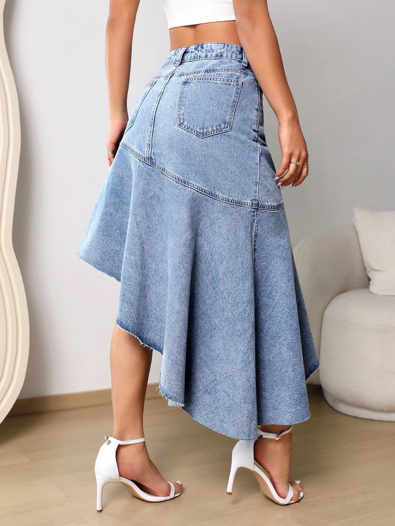 CM-BS433511 Women Preppy Seoul Style High Waist Asymmetrical Raw Hem Denim Skirt