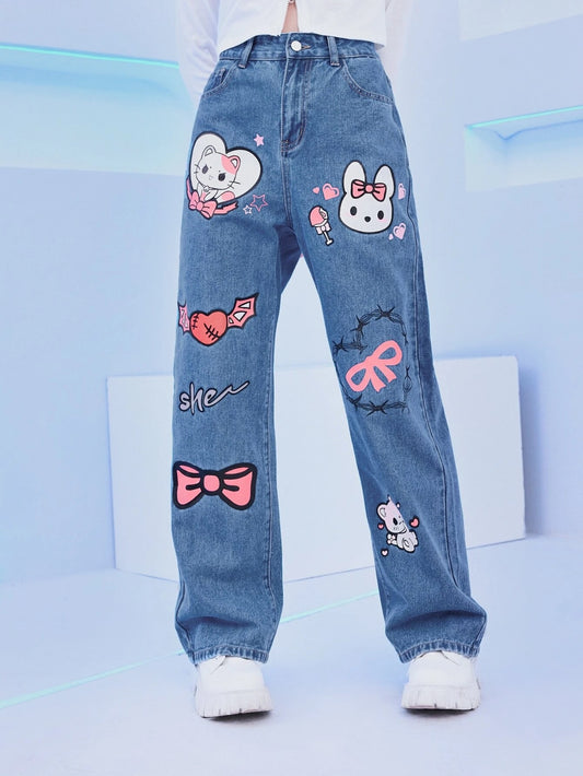 CM-BS268252 Women Preppy Seoul Style Medium Wash Kawaii Cartoon And Letter Graphic Jeans