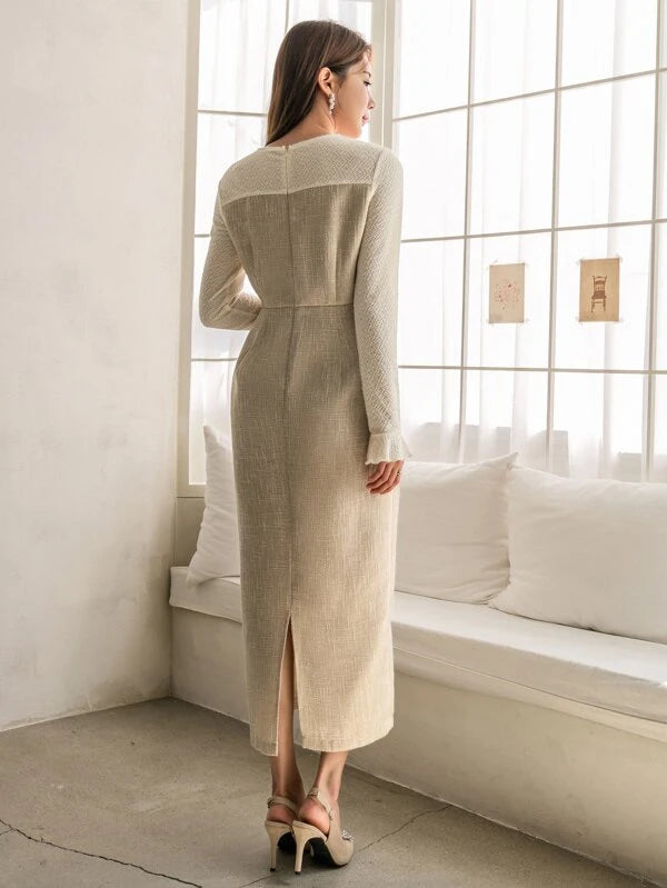 CM-DS164452 Women Elegant Seoul Style Zip Back Split Hem Fitted Dress - Apricot