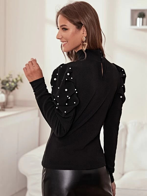 CM-TS025042 Women Casual Seoul Style Mock-Neck Pearl Beaded Leg-Of-Mutton Sleeve Top