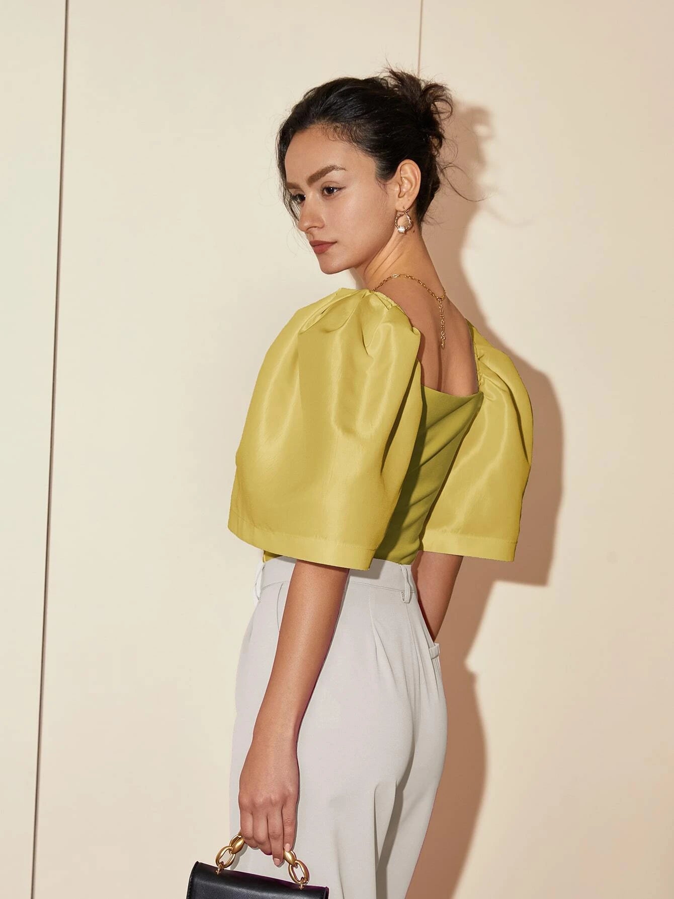 CM-TS744664 Women Elegant Seoul Style Square Neck Puff Sleeve Blouse - Mustard Yellow