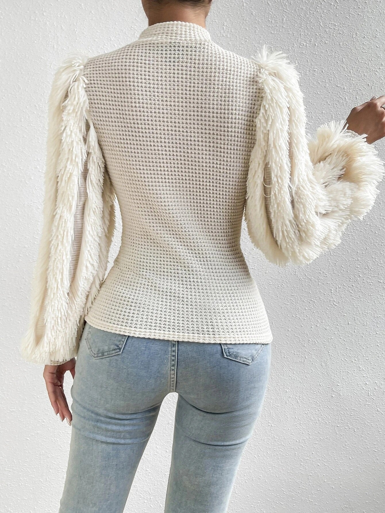CM-TS562975 Women Elegant Seoul Style Mock Neck Fuzzy Trim Lantern Sleeve Top - Apricot