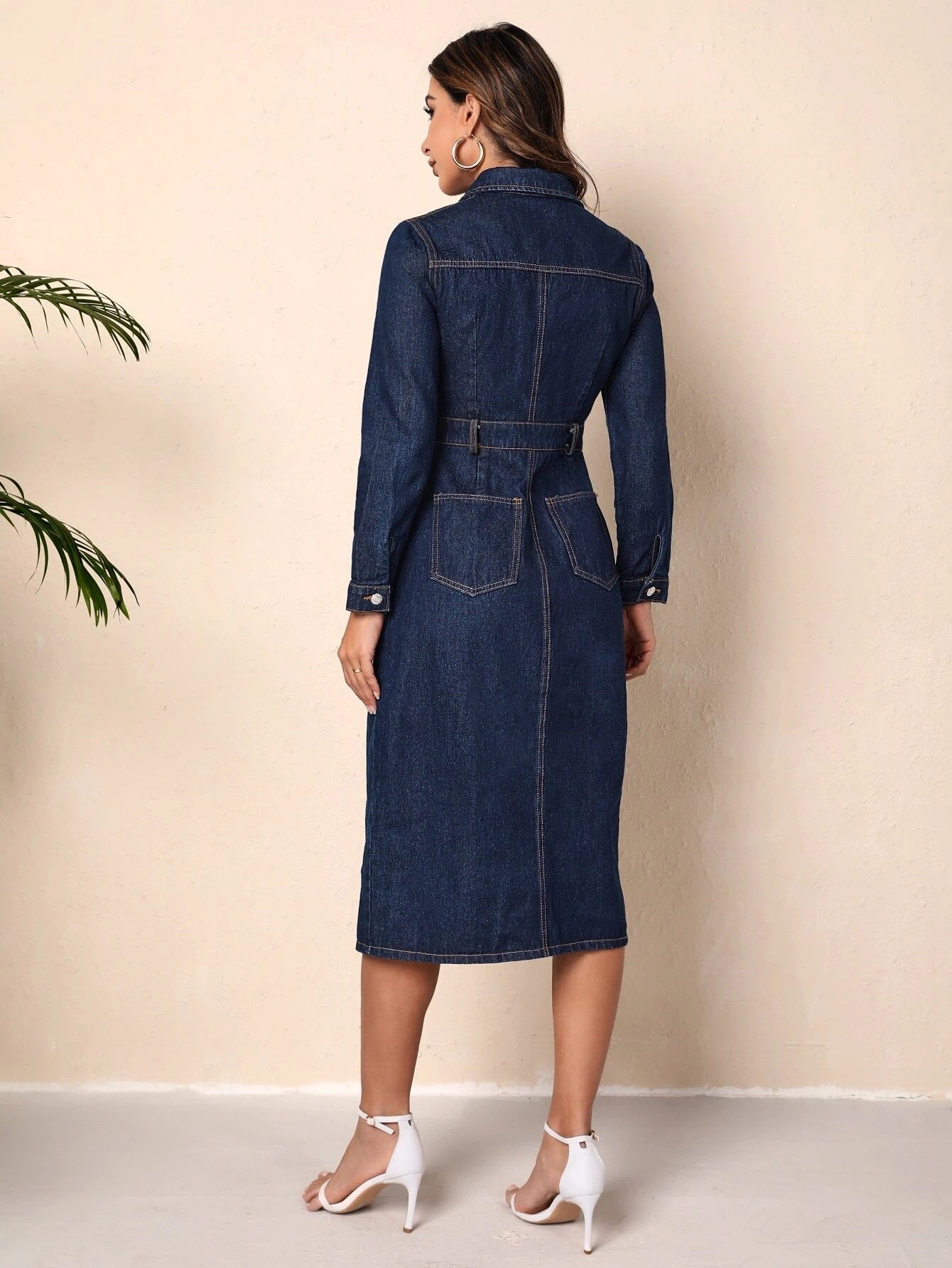 CM-DS693580 Women Preppy Seoul Style Dark Wash Dual Pocket Button Front Denim Dress