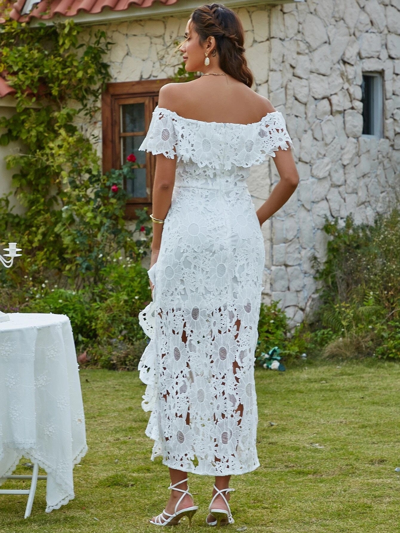 CM-DS520727 Women Elegant Seoul Style Off Shoulder Ruffle Trim Split Thigh Lace Dress - White