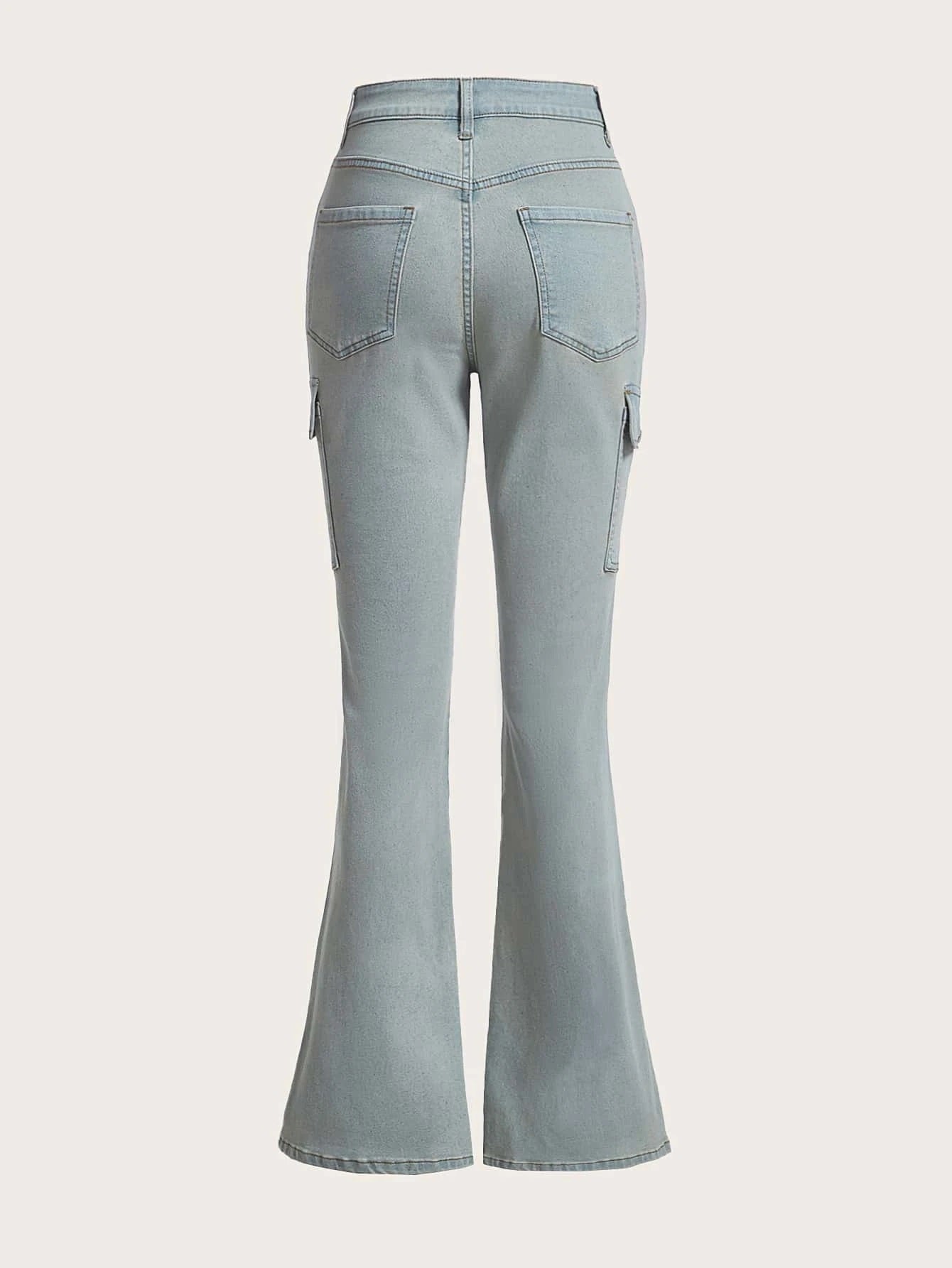 CM-BS142328 Women Preppy Seoul Style High Waist Flap Pocket Side Flare Leg Jeans