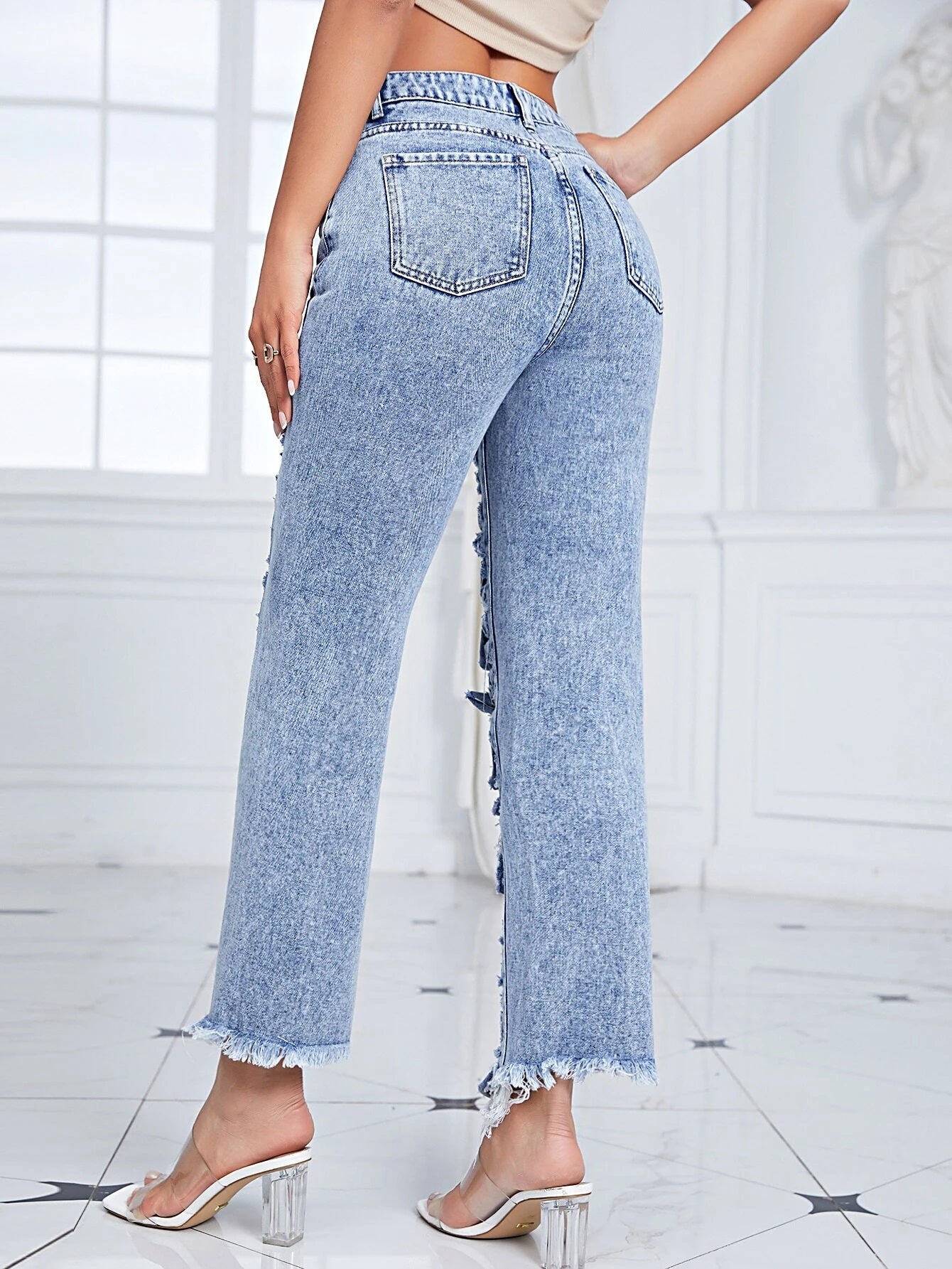 CM-BS288288 Women Preppy Seoul Style Ladder Ripped Raw Hem Straight Leg Jeans