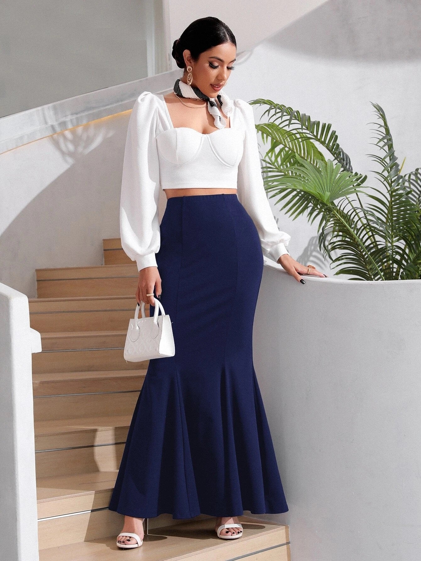 CM-BS112232 Women Elegant Seoul Style High Waist Solid Mermaid Hem Skirt - Navy Blue