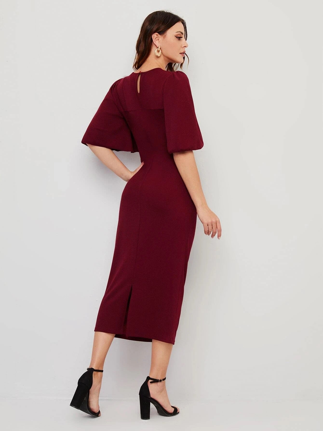 CM-DS118978 Women Casual Seoul Style Butterfly Sleeve Keyhole Back Split Hem Dress - Burgundy