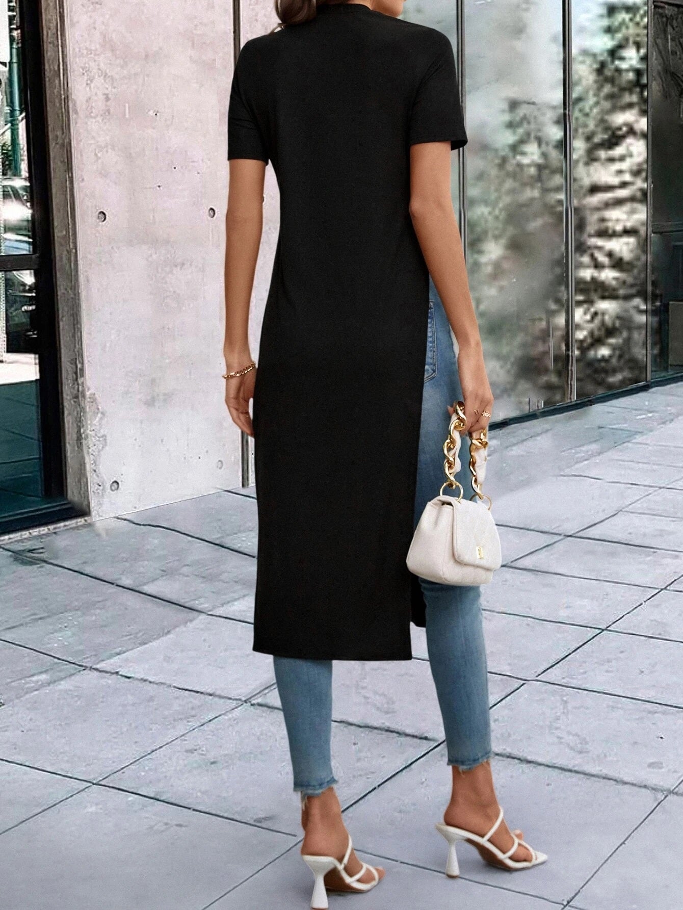 CM-TS127011 Women Casual Seoul Style Solid Split Thigh Longline Tee - Black