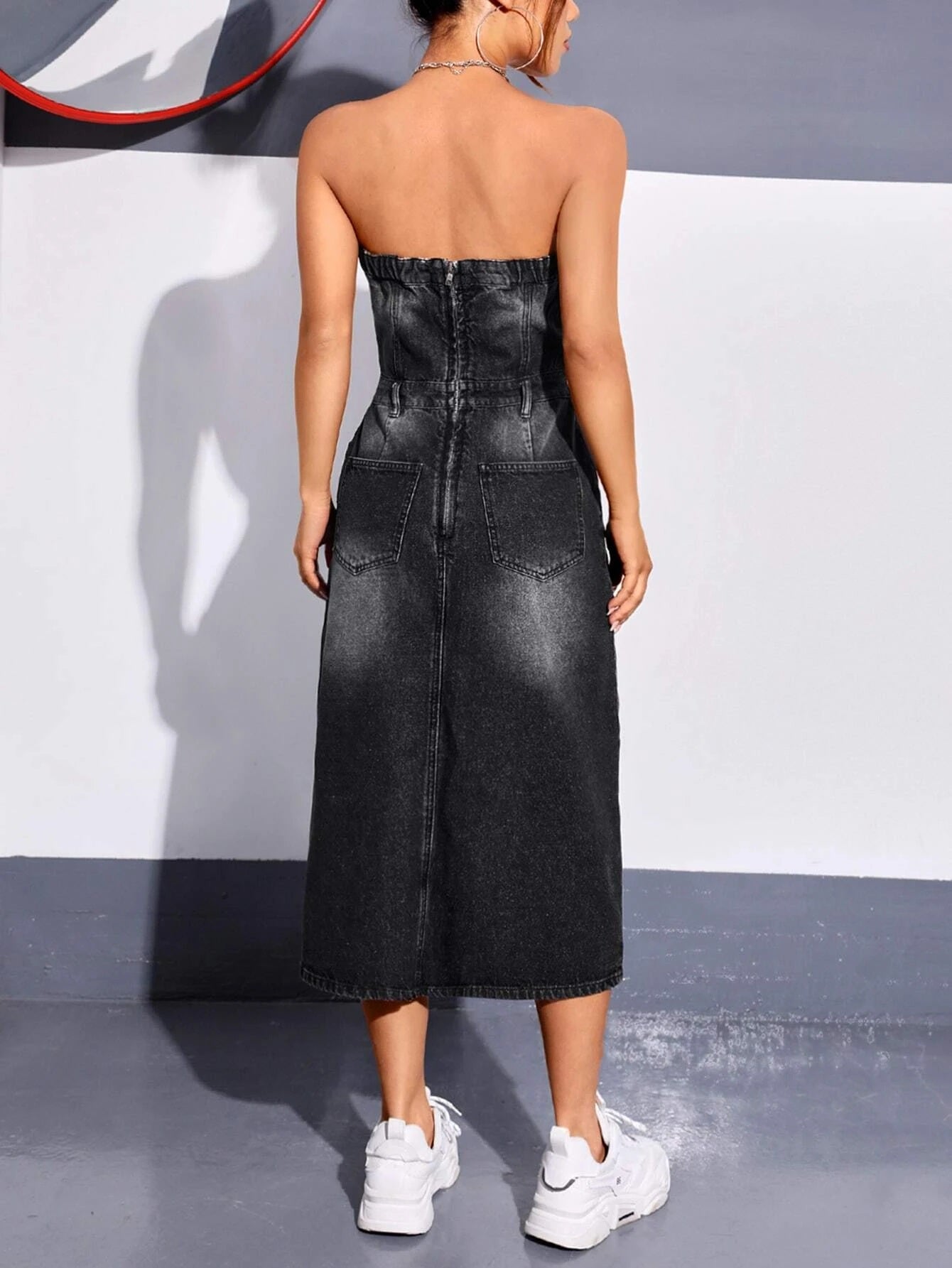 CM-DS690072 Women Preppy Seoul Style Split Thigh Pocket Patched Tube Denim Dress - Black