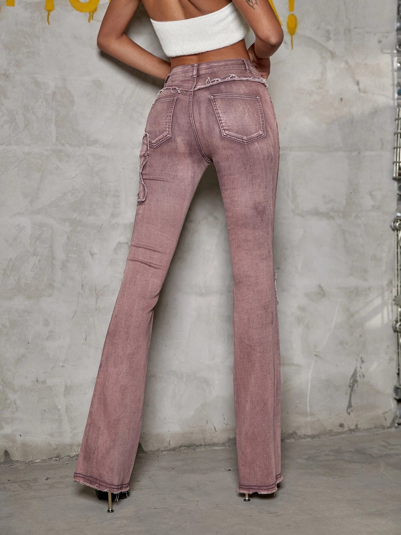 CM-BS388992 Women Vintage Seoul Style Butterfly Pattern Raw Hem Bootcut Jeans - Dusty Pink