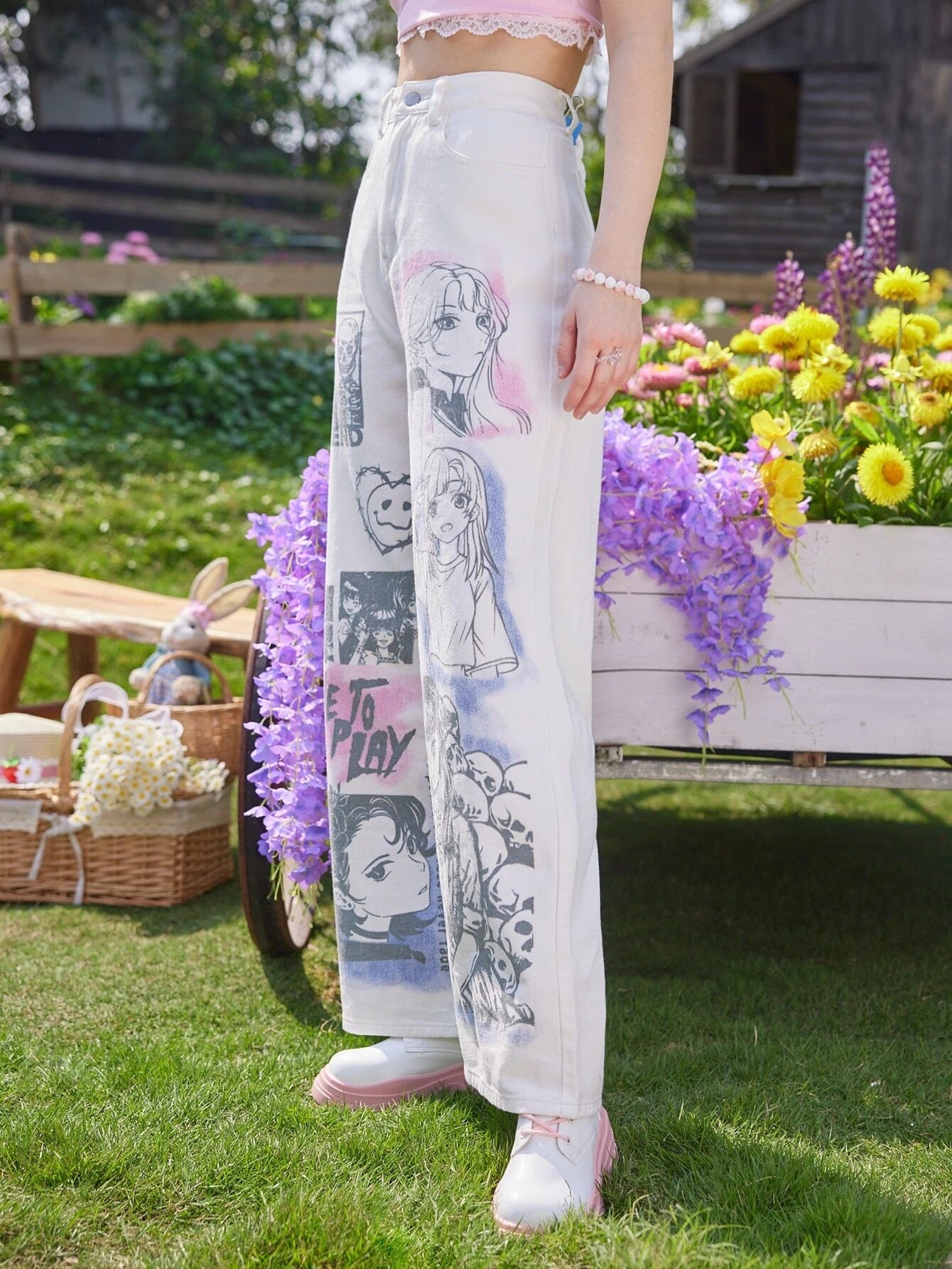 CM-BS162000 Women Preppy Seoul Style Kawaii Figure Graphic Wide Leg Jeans - White
