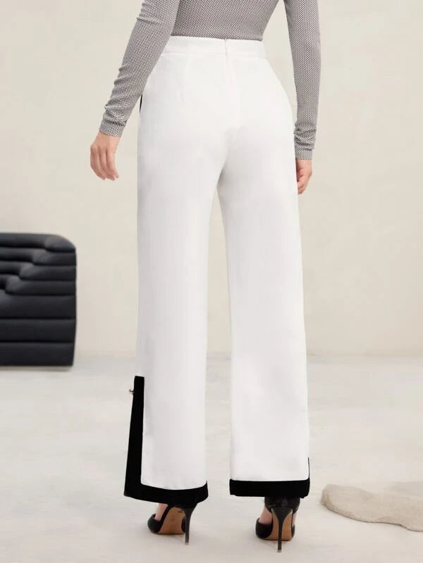 CM-BS043434 Women Elegant Seoul Style Contrast Panel Button Detail Wide Leg Pants