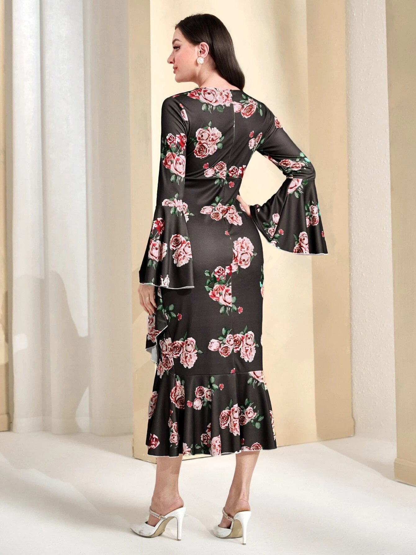 CM-DS991899 Women Elegant Seoul Style Floral Print Flounce Sleeve Ruched Ruffle Hem Dress
