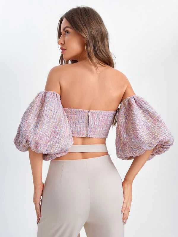 CM-TS649327 Women Elegant Seoul Style Off Shoulder Lantern Sleeve Asymmetrical Hem Crop Top