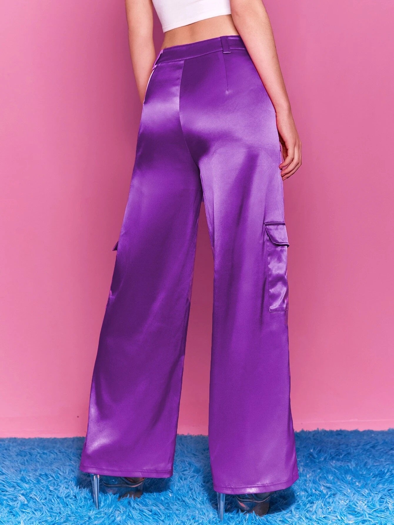CM-BS694243 Women Elegant Seoul Style Low Rise Flap Pocket Satin Wide Leg Pants - Purple