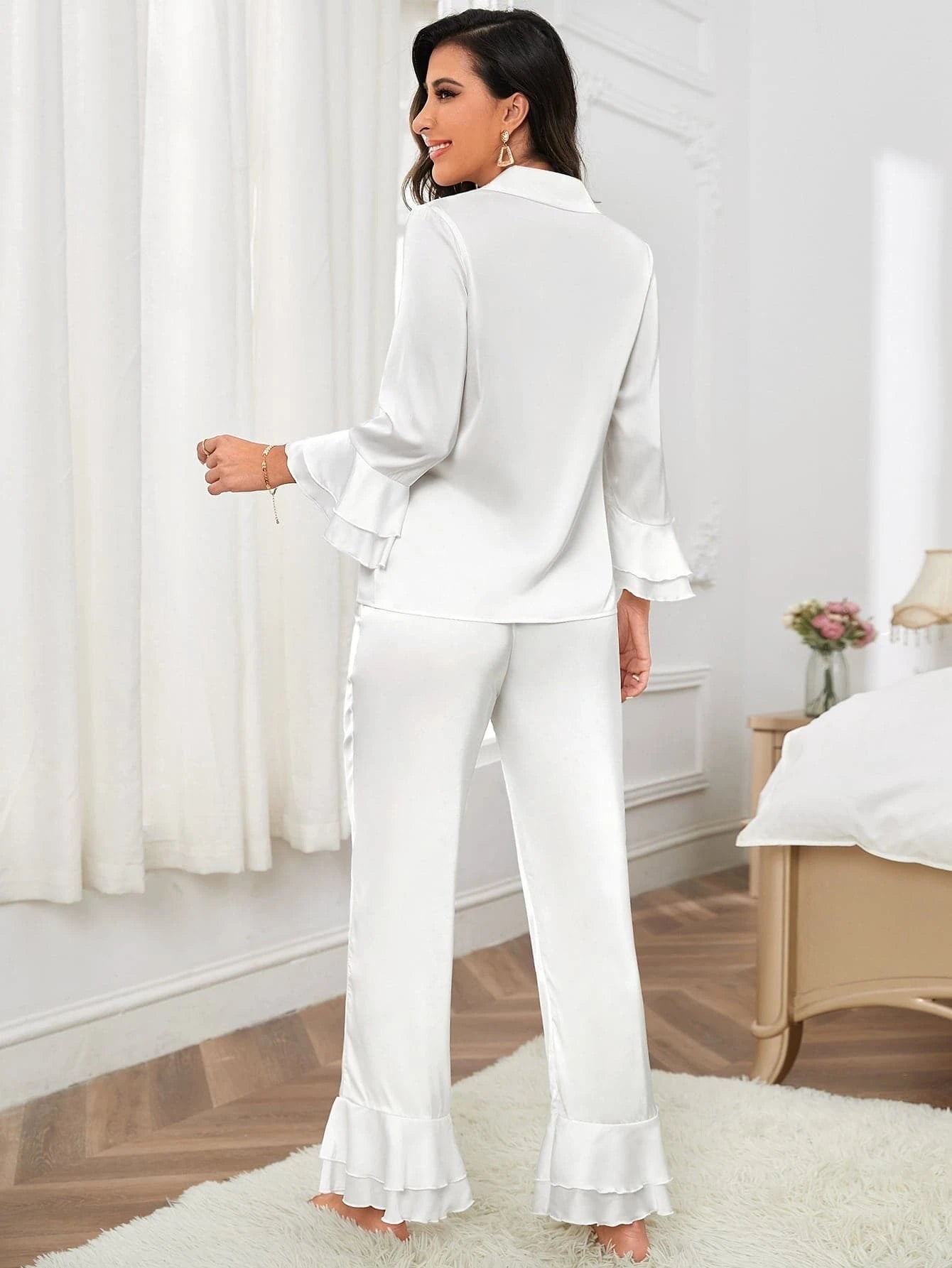 CM-LS007540 Women Trendy Seoul Style Flounce Sleeve Satin Pajama Set - White