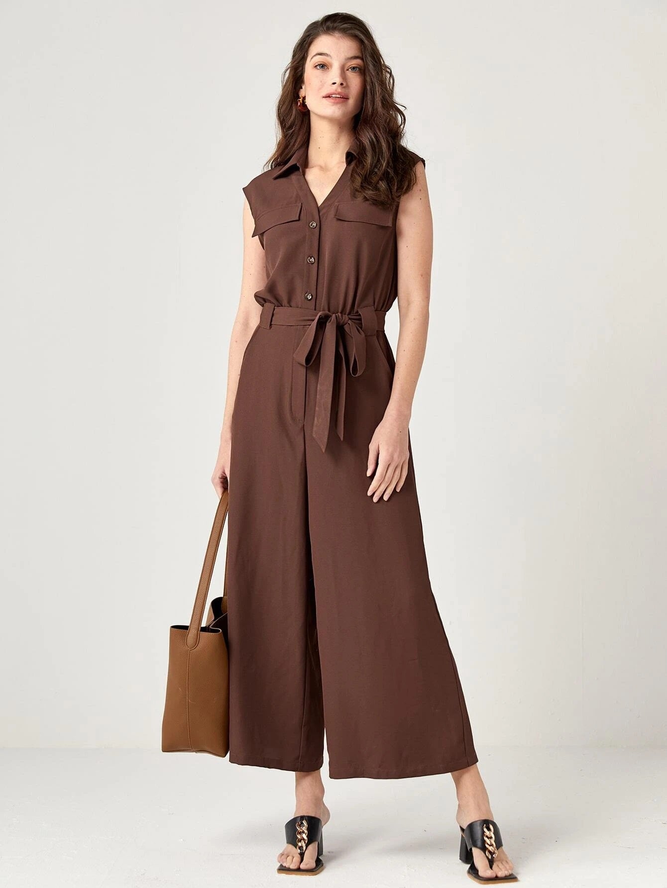 CM-JS581582 Women Casual Seoul Style Button Front Belted Wide Leg Jumpsuit - Coffee Brown