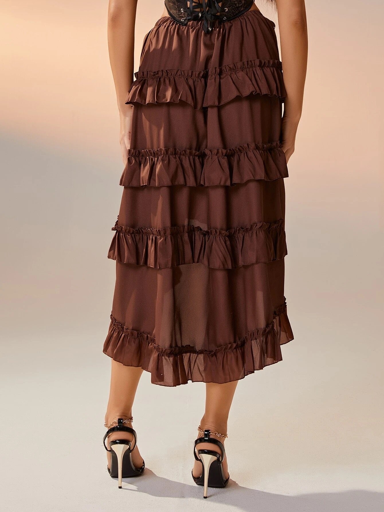 CM-BS587455 Women Trendy Bohemian Style Drawstring Ruched Ruffle Trim Asymmetrical Hem Skirt