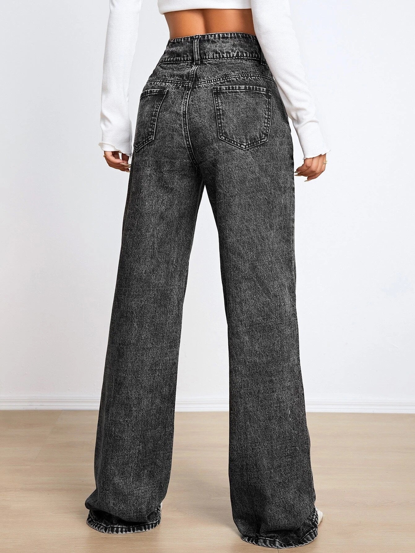 CM-BS607517 Women Preppy Seoul Style High Waist Button Fly Straight Leg Jeans