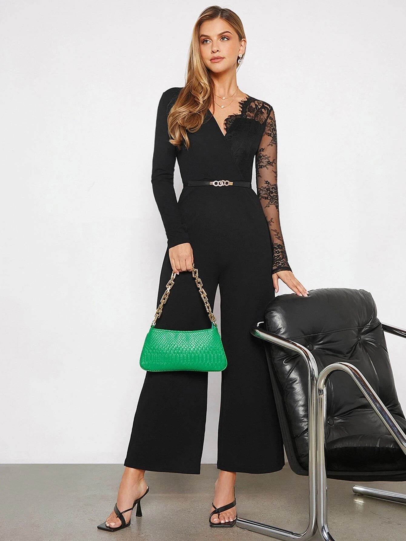 CM-JS932893 Women Elegant Seoul Style Contrast Lace V-Neck Wide Leg Jumpsuit - Black