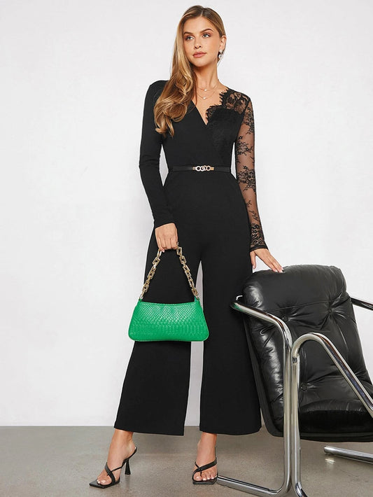 CM-JS932893 Women Elegant Seoul Style Contrast Lace V-Neck Wide Leg Jumpsuit - Black
