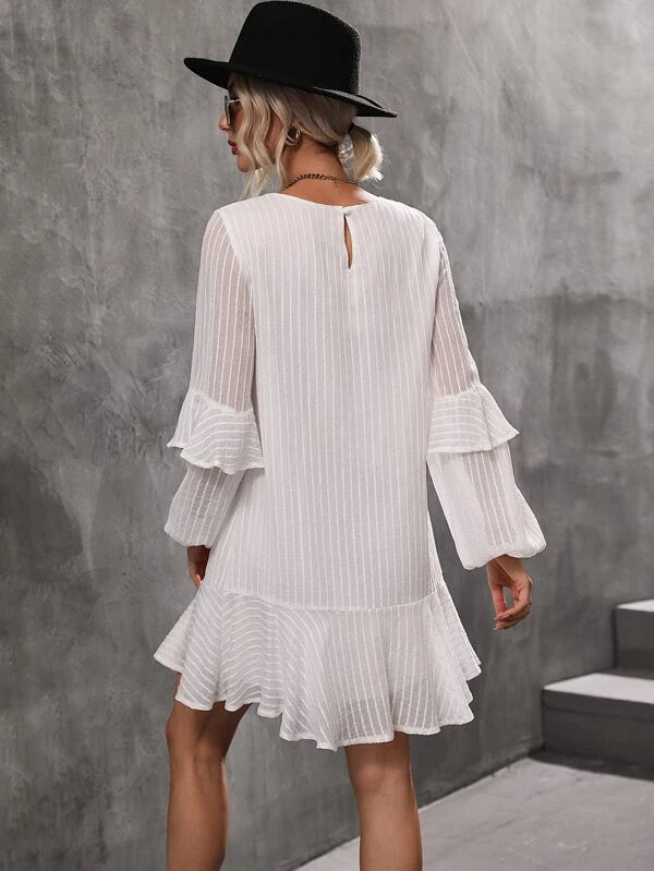 CM-DS268383 Women Casual Seoul Style Ruffle Trim Lantern Sleeve Dress - White