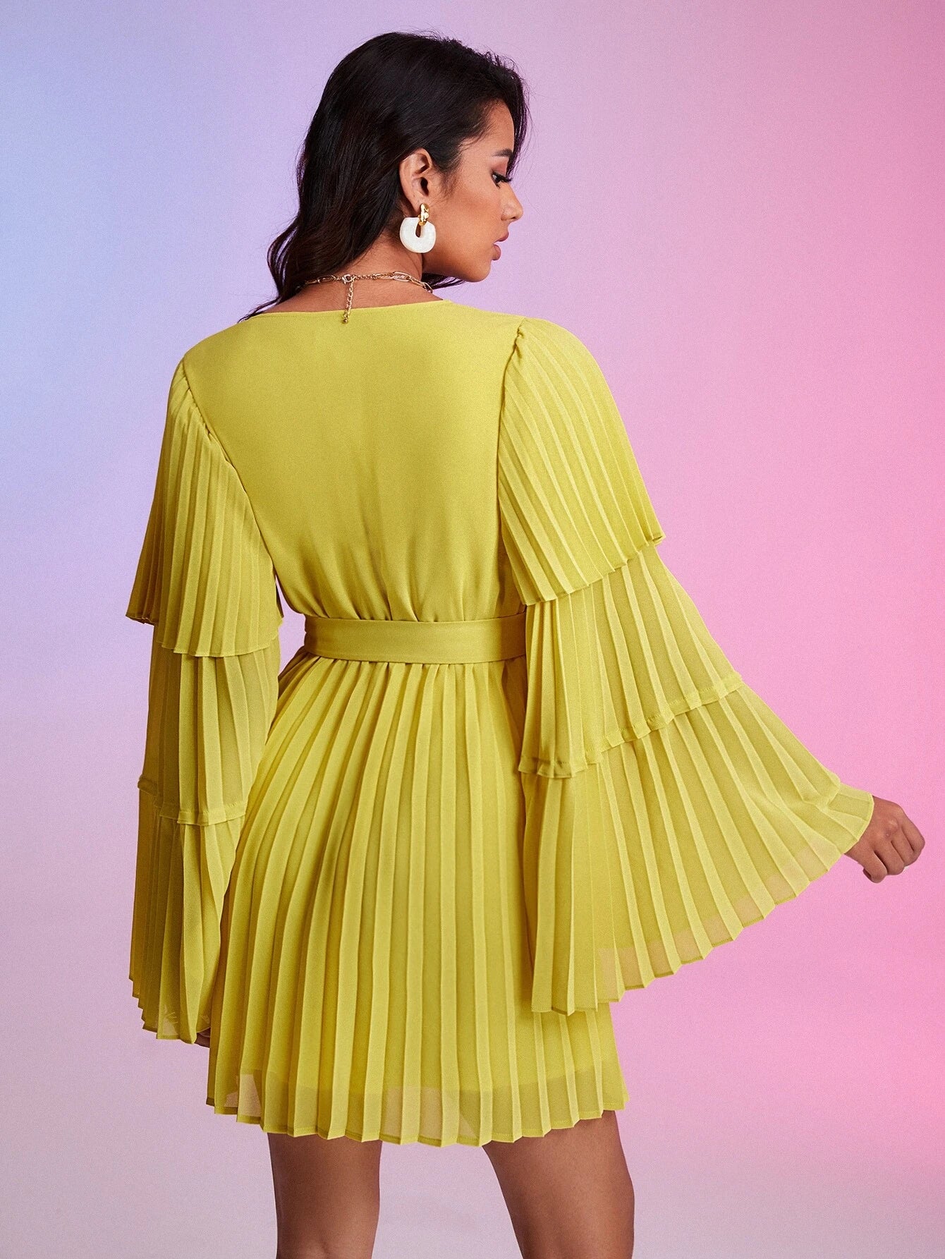 CM-DS433465 Women Elegant Seoul Style Pleated Trumpet Sleeve Belted Dress - Mustard Yellow
