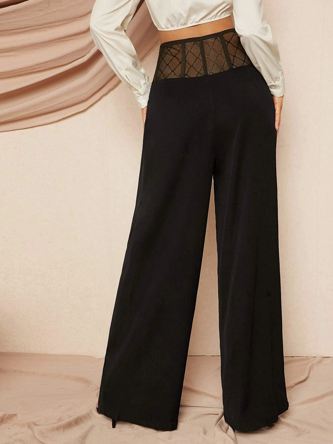 CM-BS315674 Women Elegant Seoul Style High Waist Contrast Mesh Wide Leg Pants - Black