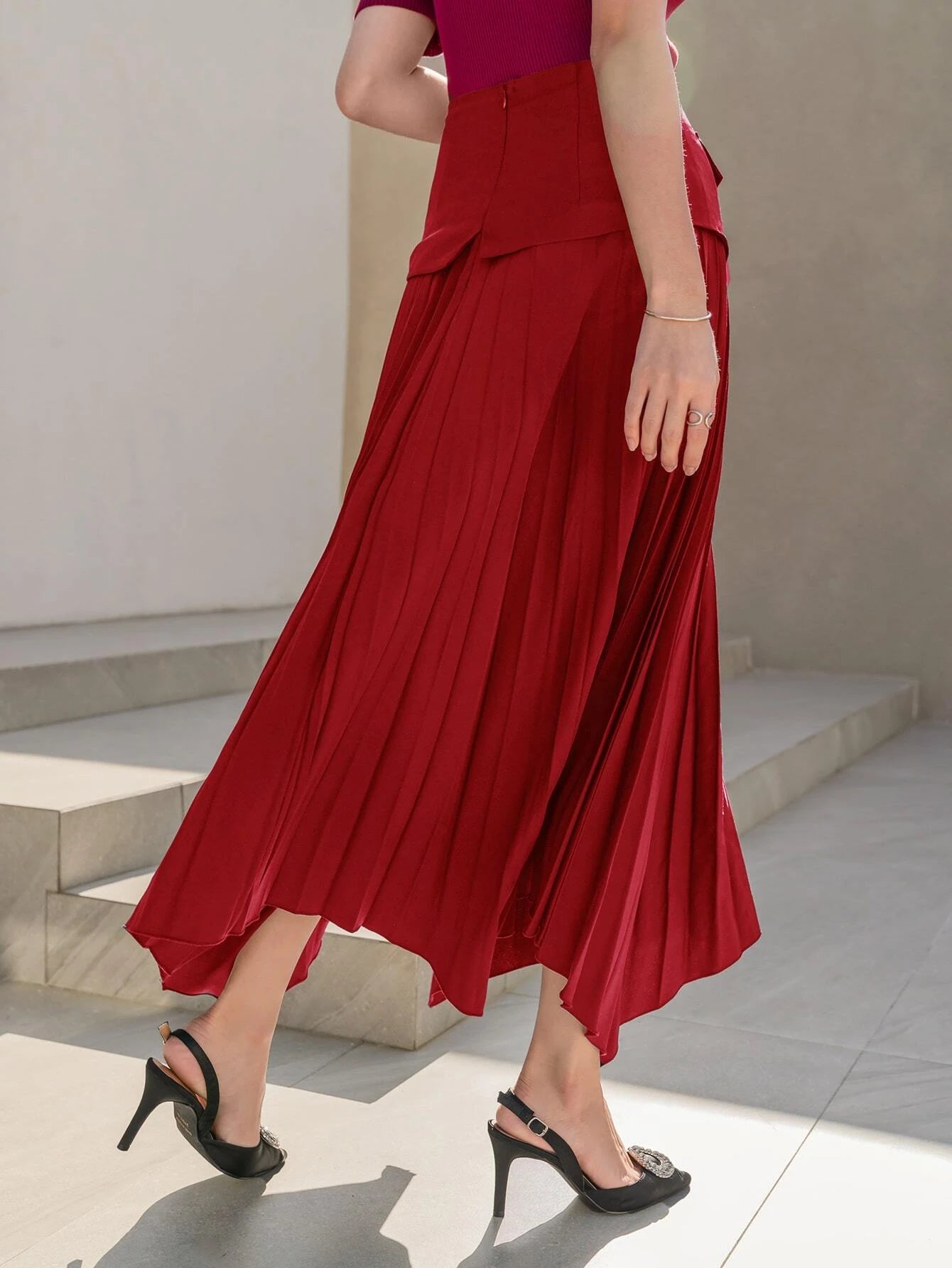 CM-BS434221 Women Elegant Seoul Style Wide Band Waist Hanky Hem Pleated Skirt