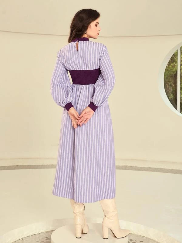CM-DS671242 Women Casual Seoul Style Striped Mock Neck Lantern Sleeve Dress - Purple
